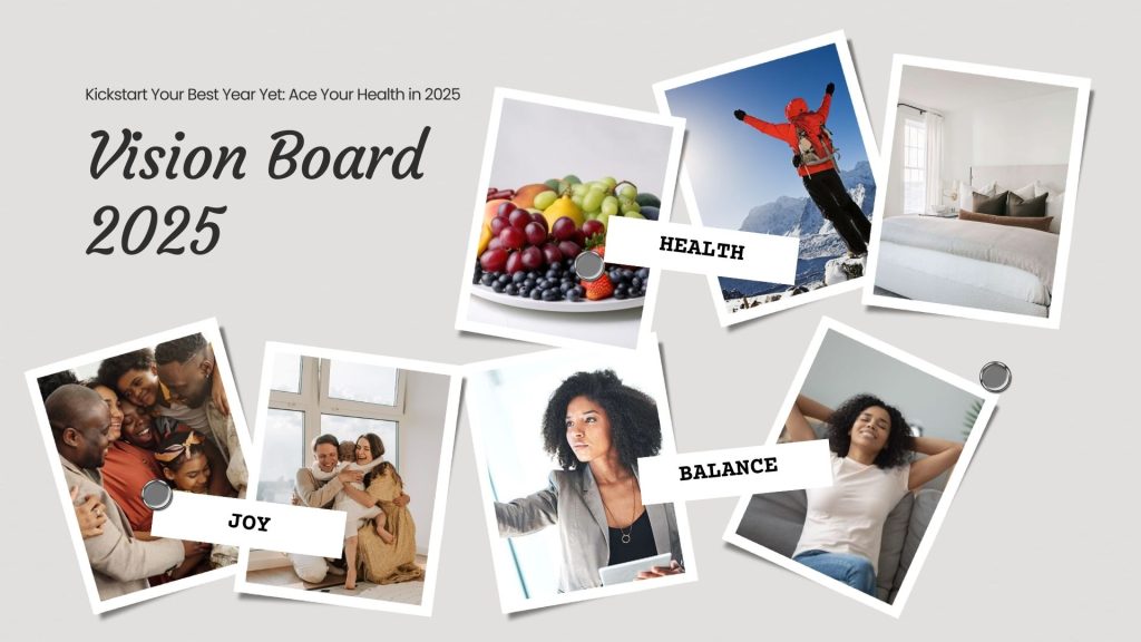 A vision board or journal spread with words like "Health," "Growth," "Balance," and "Joy," representing the themes of a holistic and healthy new year.